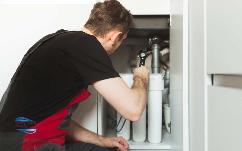 Perry Aire Services, Inc. Fredericksburg A person in work clothes installs or repairs a water filtration system under a kitchen sink.